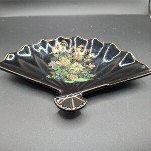 Vintage Satsuki Japan Black Fan-Shaped Trinket Dish With Floral Design